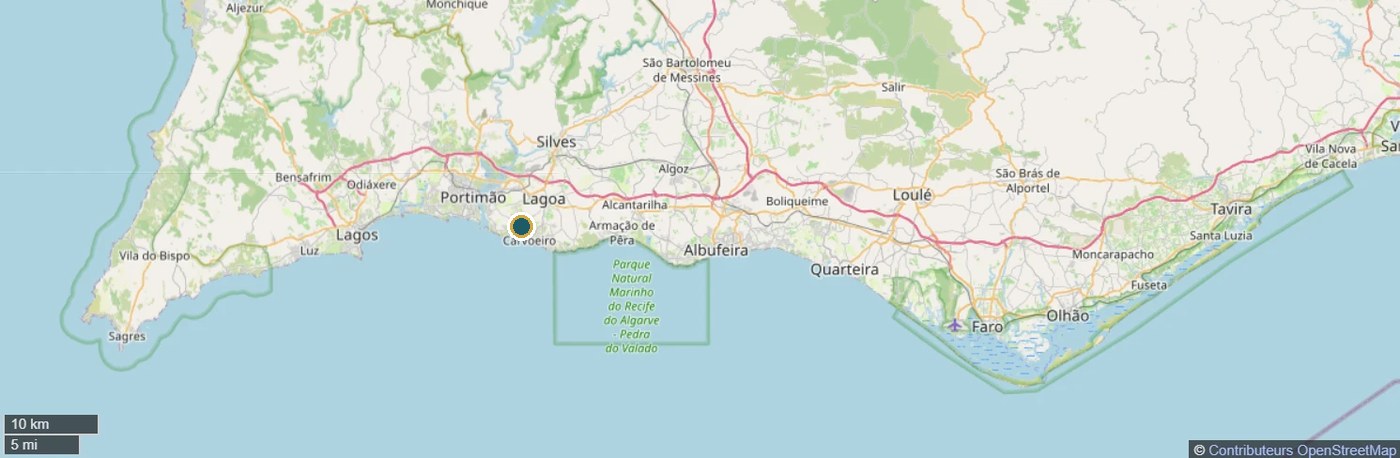Carte de l'Algarve situant Casa Somba, entre Portimão et Albufeira